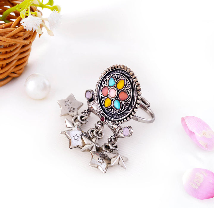 Oxidised Floral Stone Ring with Star Charms
