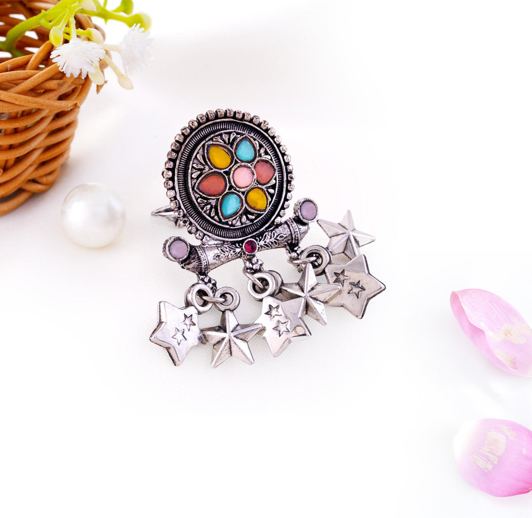 Oxidised Floral Stone Ring with Star Charms