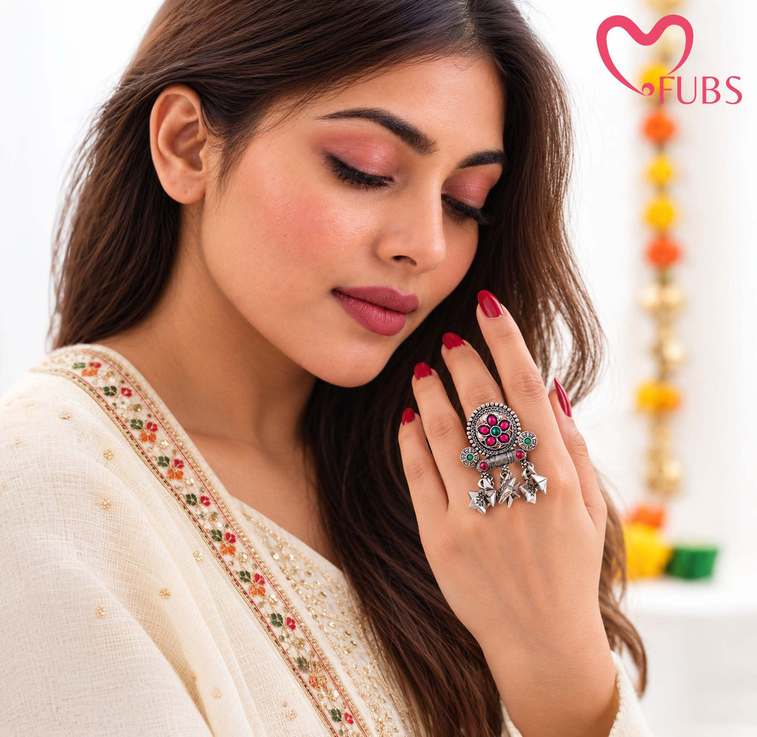 Antique Oxidised Floral Stone Statement Star Ring