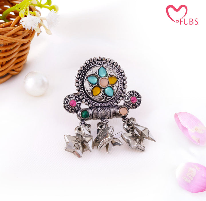Antique Oxidised Floral Stone Statement Star Ring