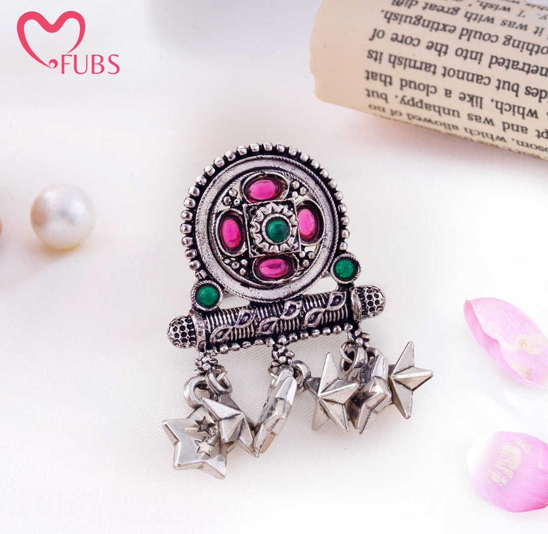 Boho Oxidised Oval Stone Leaf Star Charm Ring