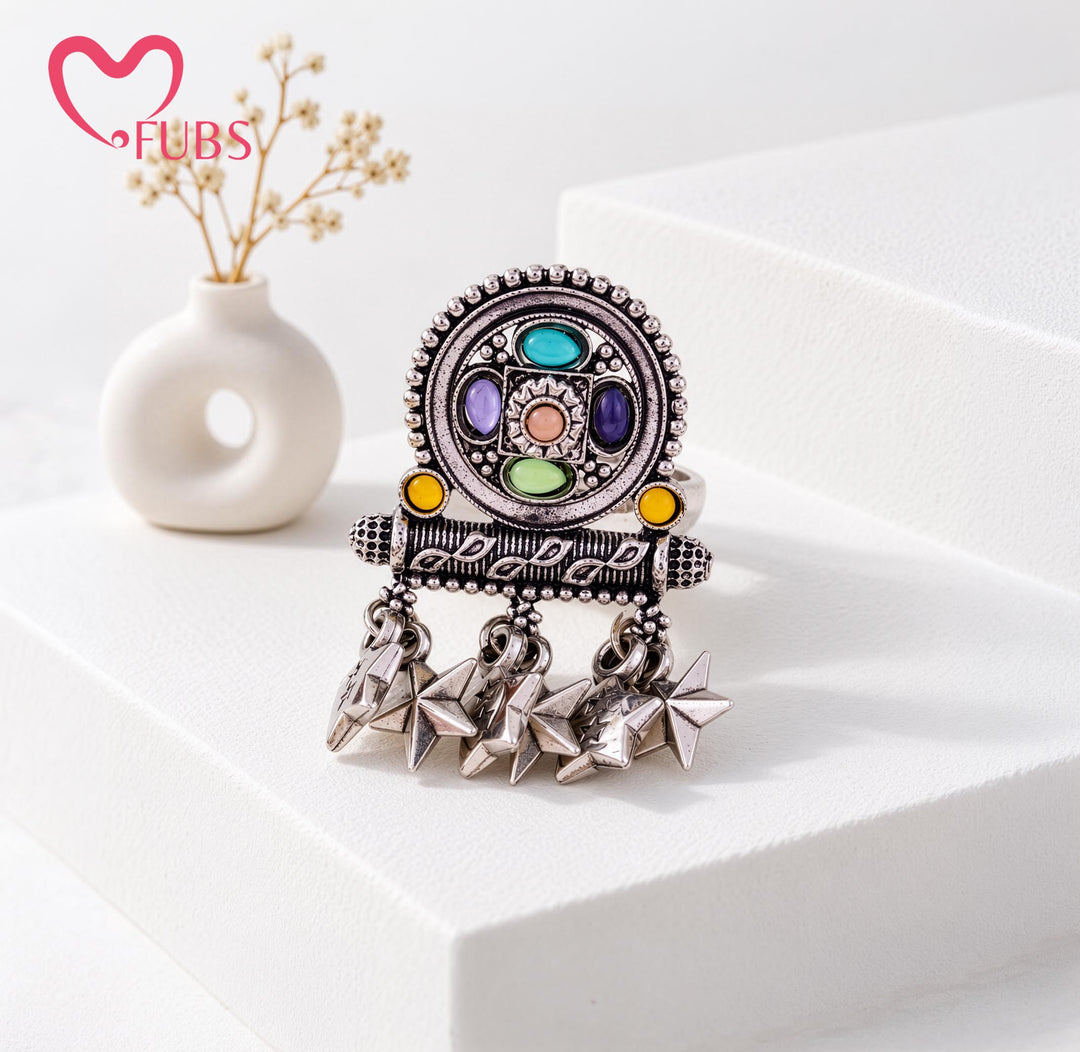 Boho Oxidised Oval Stone Leaf Star Charm Ring
