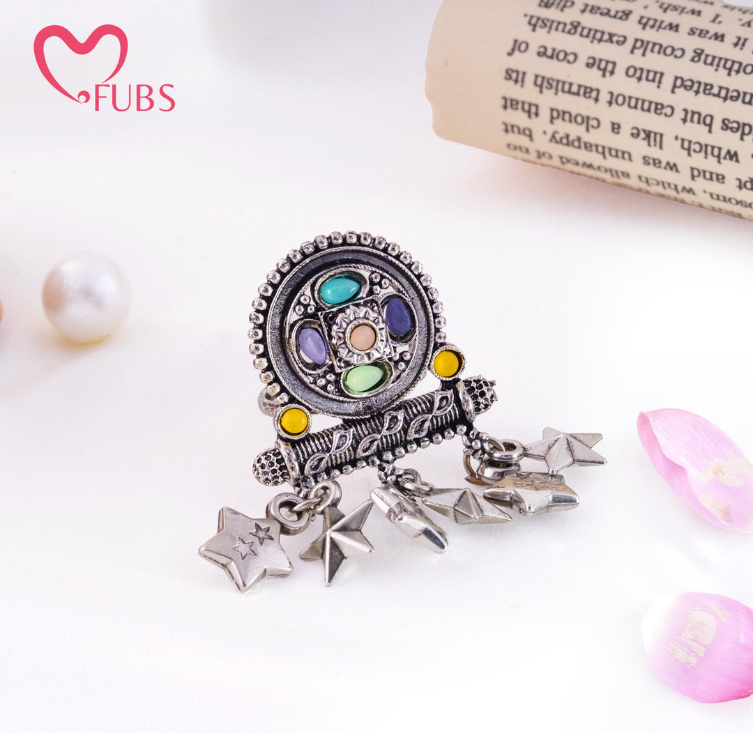 Boho Oxidised Oval Stone Leaf Star Charm Ring