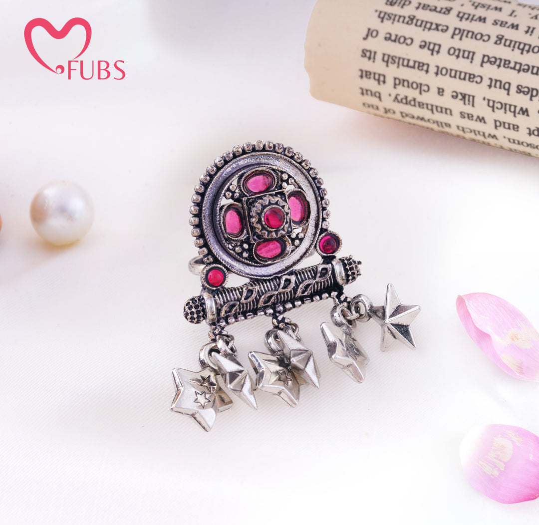 Boho Oxidised Oval Stone Leaf Star Charm Ring