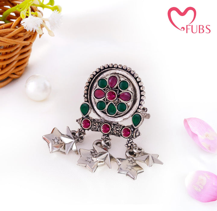 Ethnic Oxidised Teardrop Stone Oval Star Ring