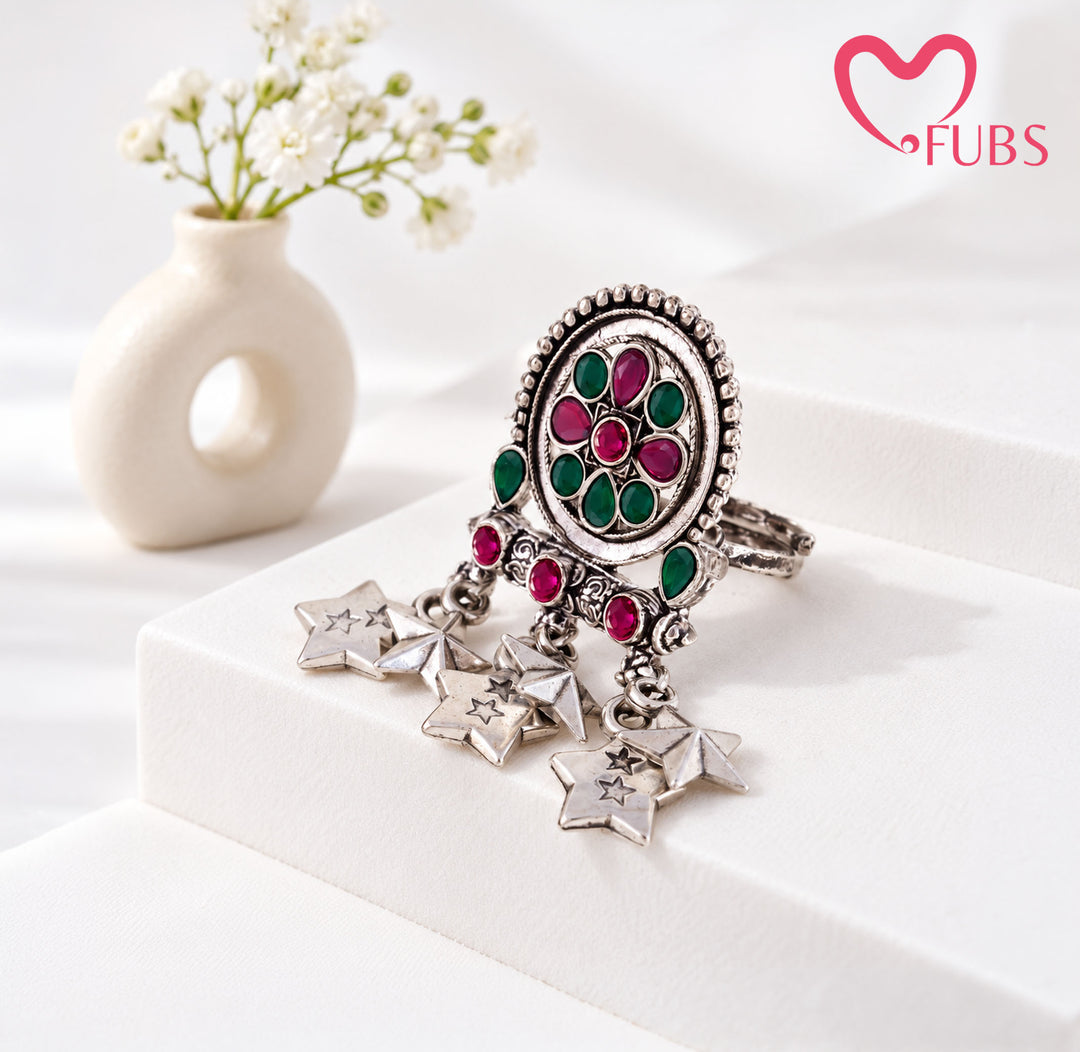 Ethnic Oxidised Teardrop Stone Oval Star Ring
