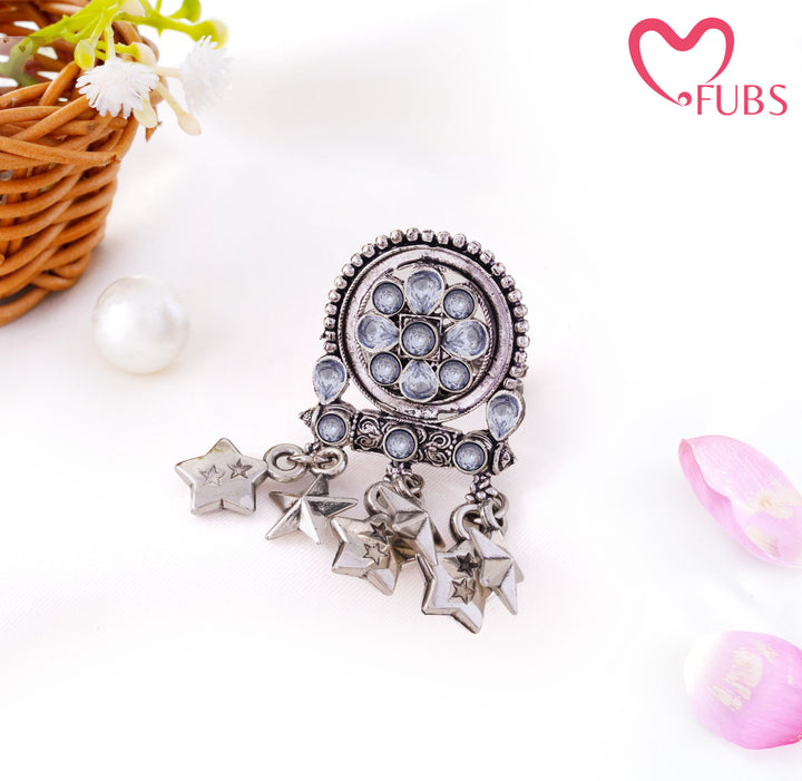 Ethnic Oxidised Teardrop Stone Oval Star Ring