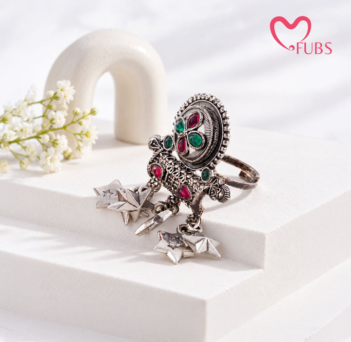 Royal Oxidised Pink Green Stone Star Ring