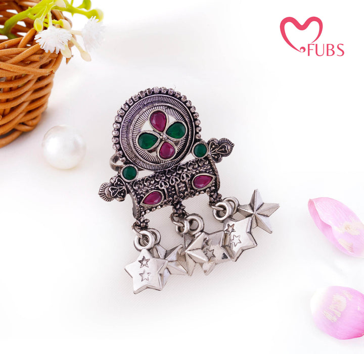 Royal Oxidised Pink Green Stone Star Ring