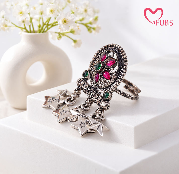 Vintage Oxidised Pink Green Floral Star Ring