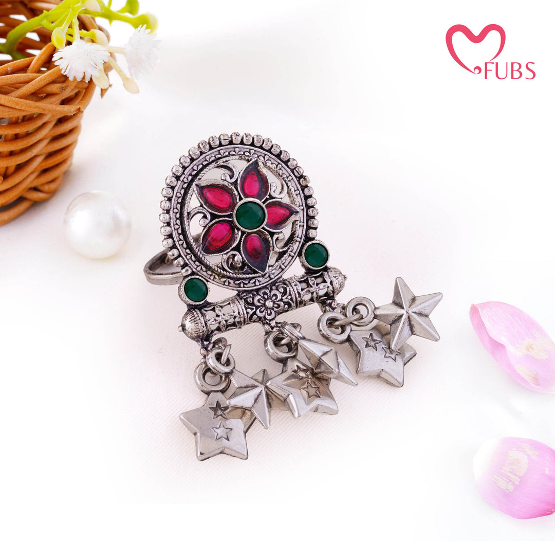 Vintage Oxidised Pink Green Floral Star Ring