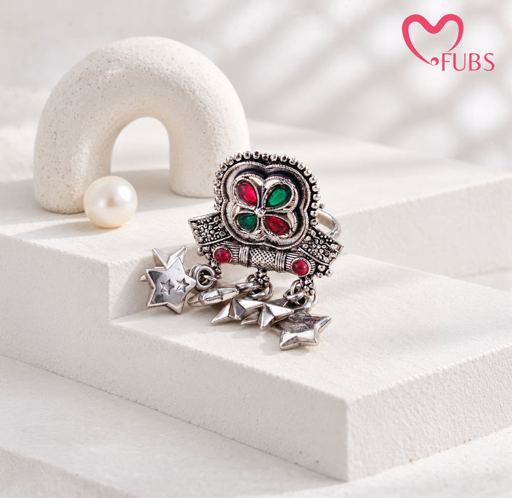 Regal Oxidised Clover Stone Floral Panel Ring