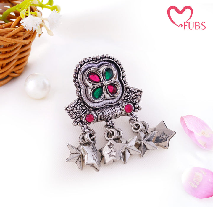Regal Oxidised Clover Stone Floral Panel Ring