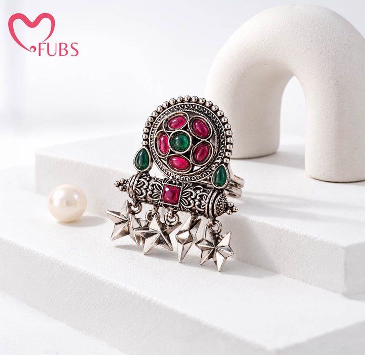 Maharani Oxidised Oval Stone Carved Bar Ring