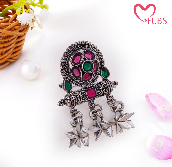 Maharani Oxidised Oval Stone Carved Bar Ring