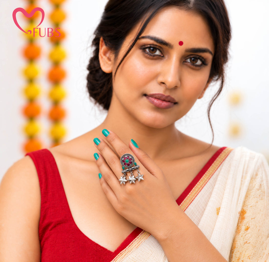 Rajwadi Oxidised Teardrop Stone Leaf Bar Ring