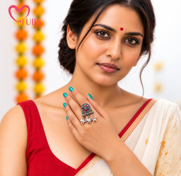 Rajwadi Oxidised Teardrop Stone Leaf Bar Ring