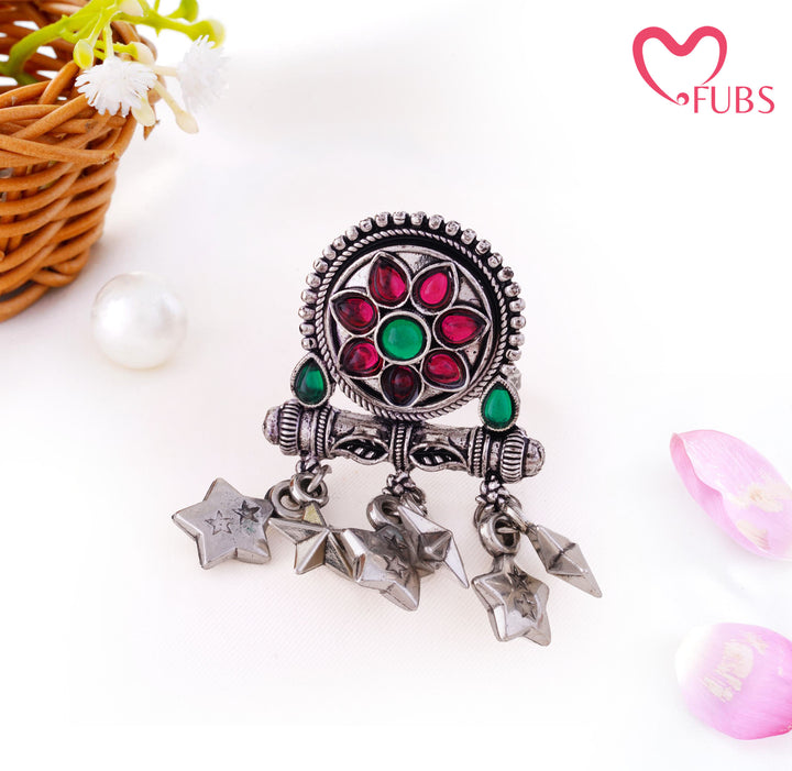 Rajwadi Oxidised Teardrop Stone Leaf Bar Ring