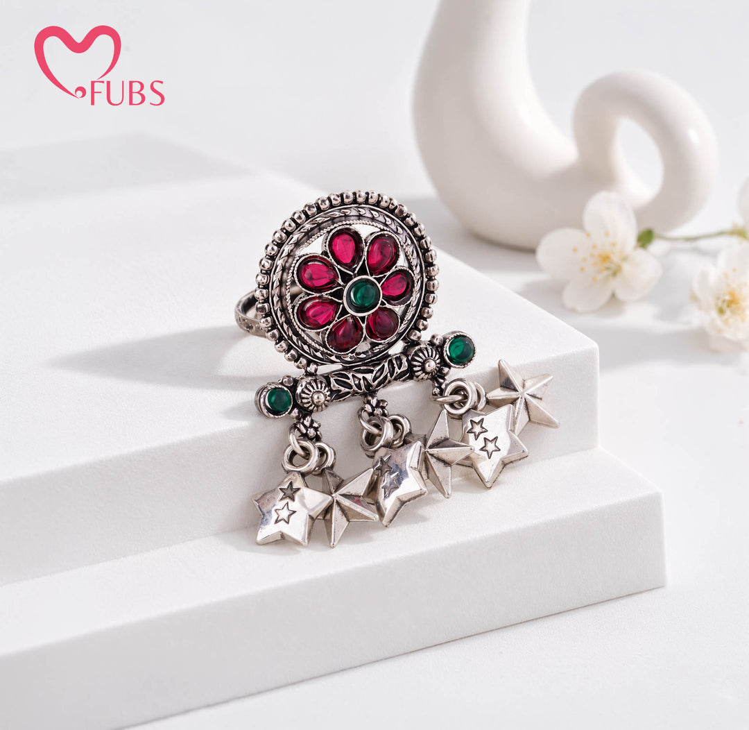 Nawabi Oxidised Teardrop Petal Rosette Star Ring