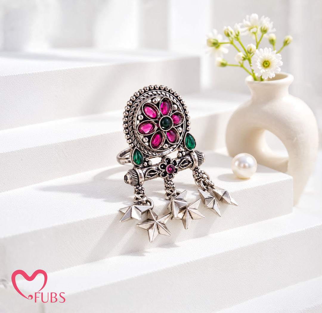 Kundan Oxidised Oval Petal Flower Star Ring