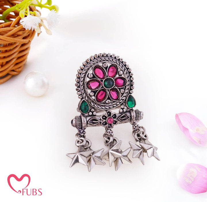 Kundan Oxidised Oval Petal Flower Star Ring