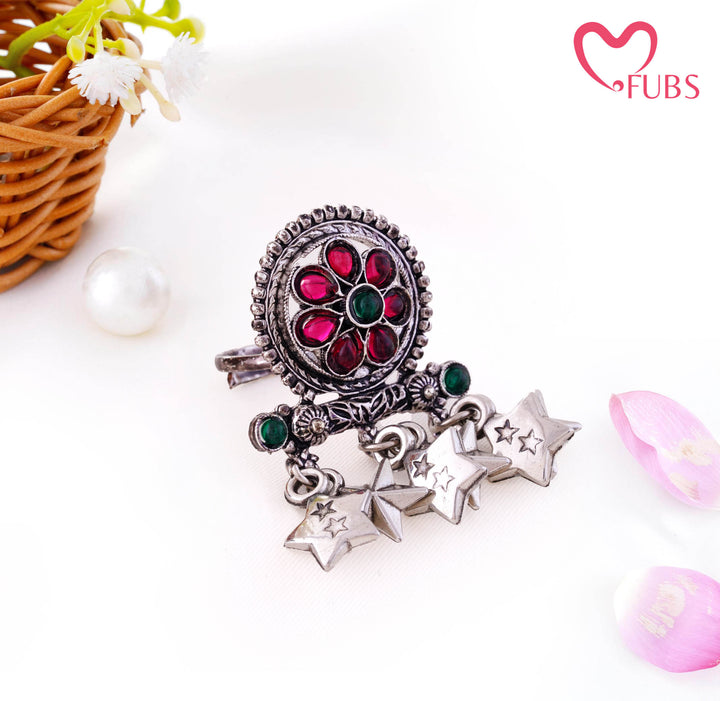 Nawabi Oxidised Teardrop Petal Rosette Star Ring