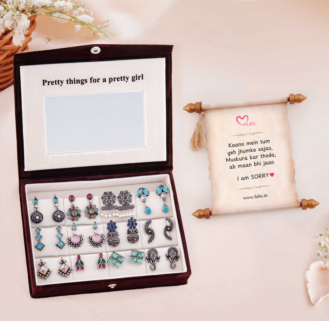 Blushing Mirror Box - 12 Oxidised Multicolor Earrings Set with Sandesh Patra