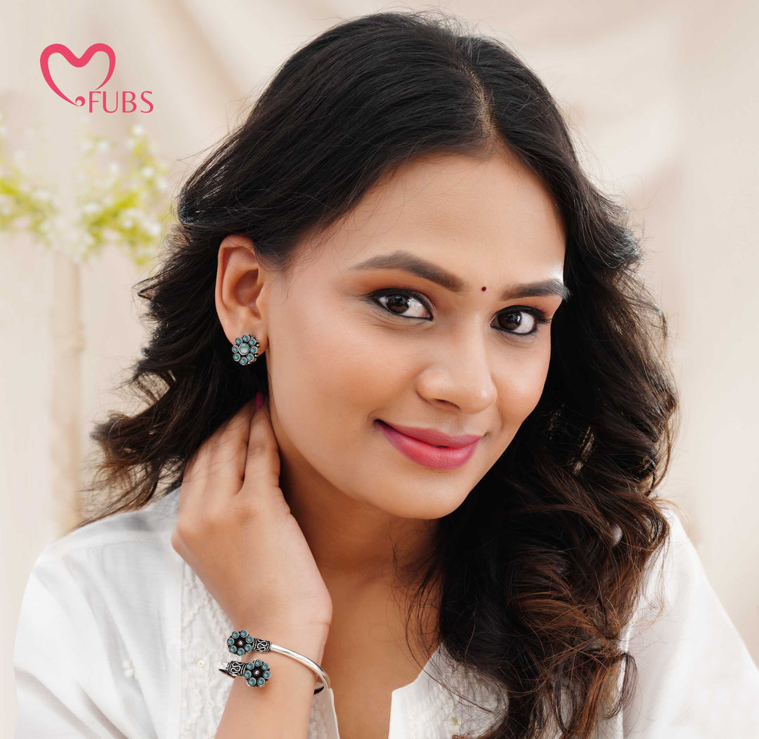 Floral Oxidised Bracelet & Earrings Combo Set