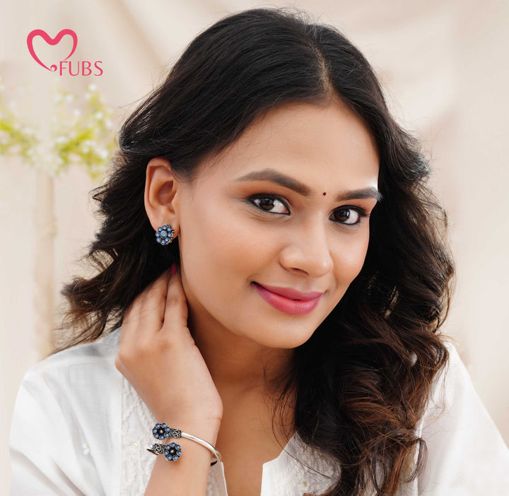 Floral Oxidised Bracelet & Earrings Combo Set