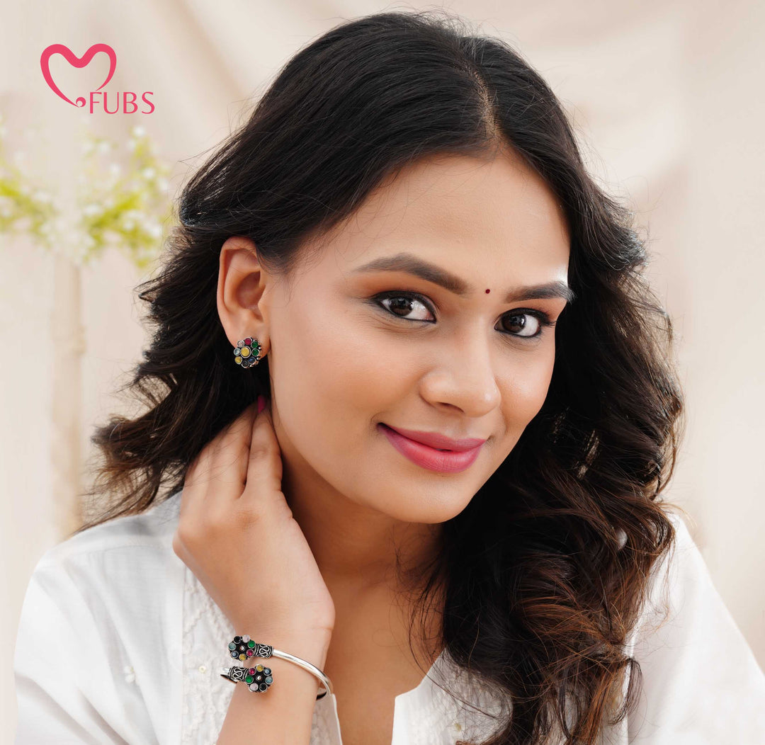 Floral Oxidised Bracelet & Earrings Combo Set