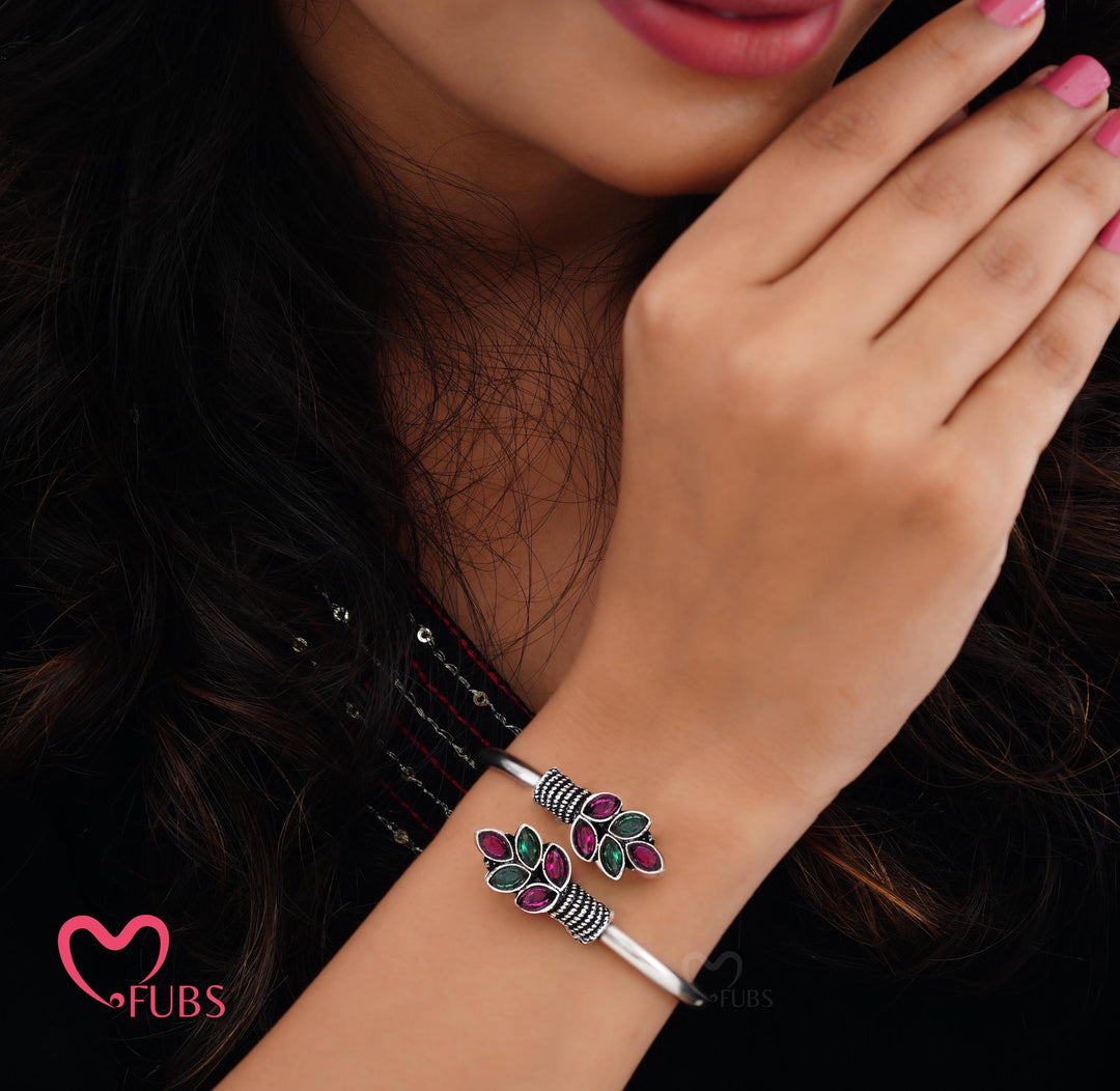 Oxidized Finish Earrings & Floral Bangle Set