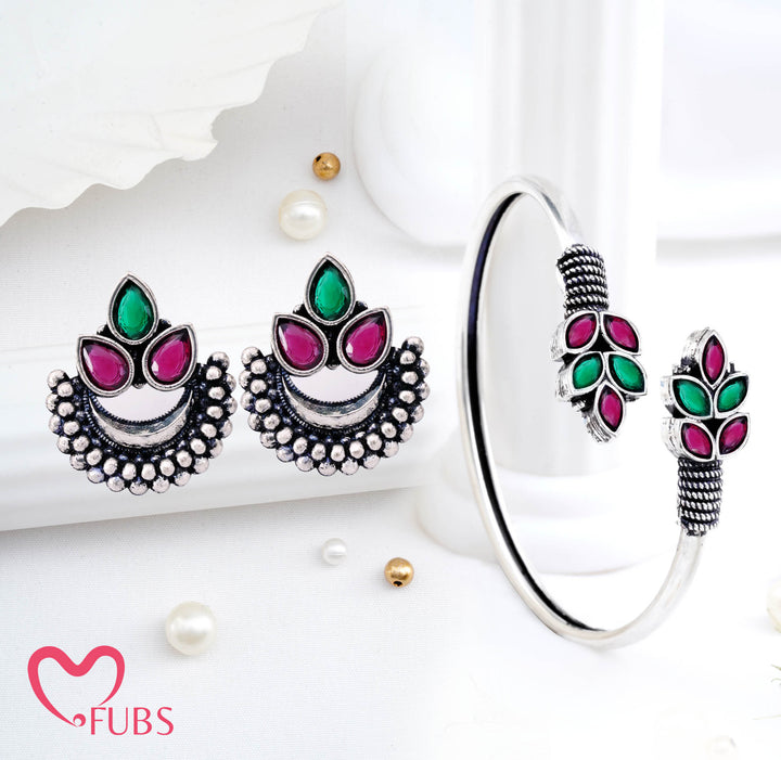 Oxidized Finish Earrings & Floral Bangle Set