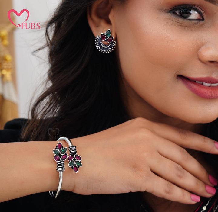 Oxidized Finish Earrings & Floral Bangle Set