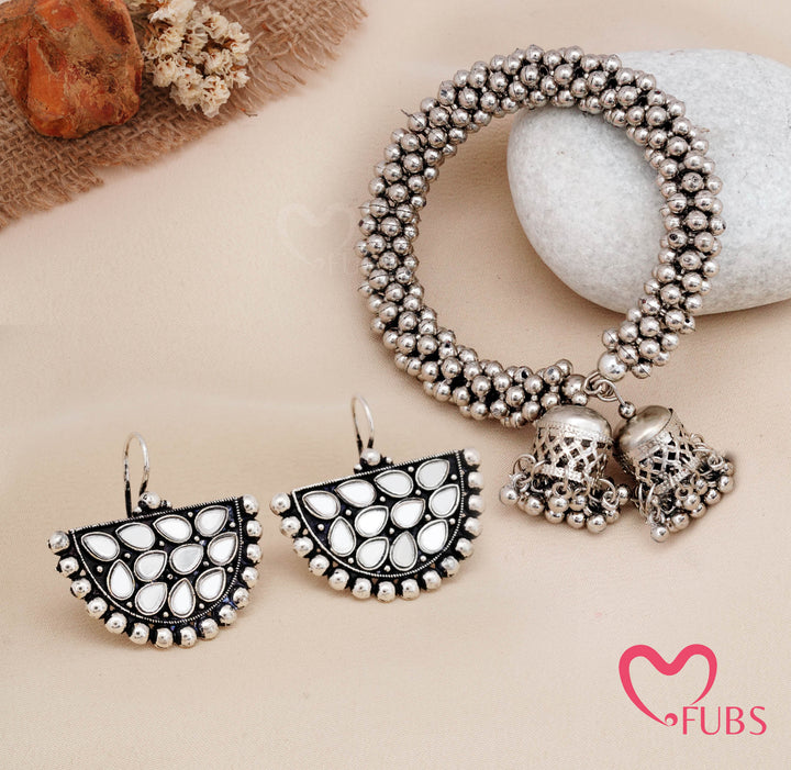 Twilight Bells: Antique Oxidized Finish Earrings & Twisted Bead Bracelet Set