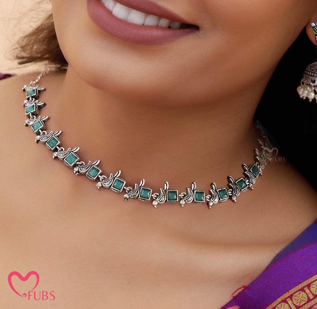 Oxidised Bird Motif Necklace Set with Jhumka Earrings