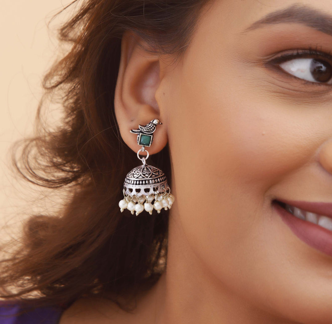 Oxidised Bird Motif Necklace Set with Jhumka Earrings