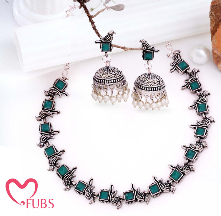 Oxidised Bird Motif Necklace Set with Jhumka Earrings