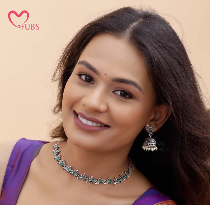 Oxidised Bird Motif Necklace Set with Jhumka Earrings