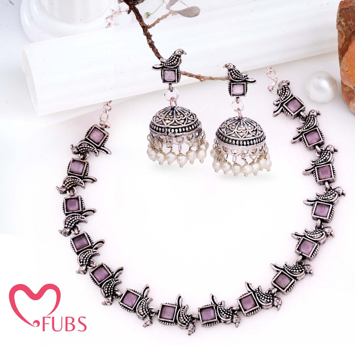 Oxidised Bird Motif Necklace Set with Jhumka Earrings