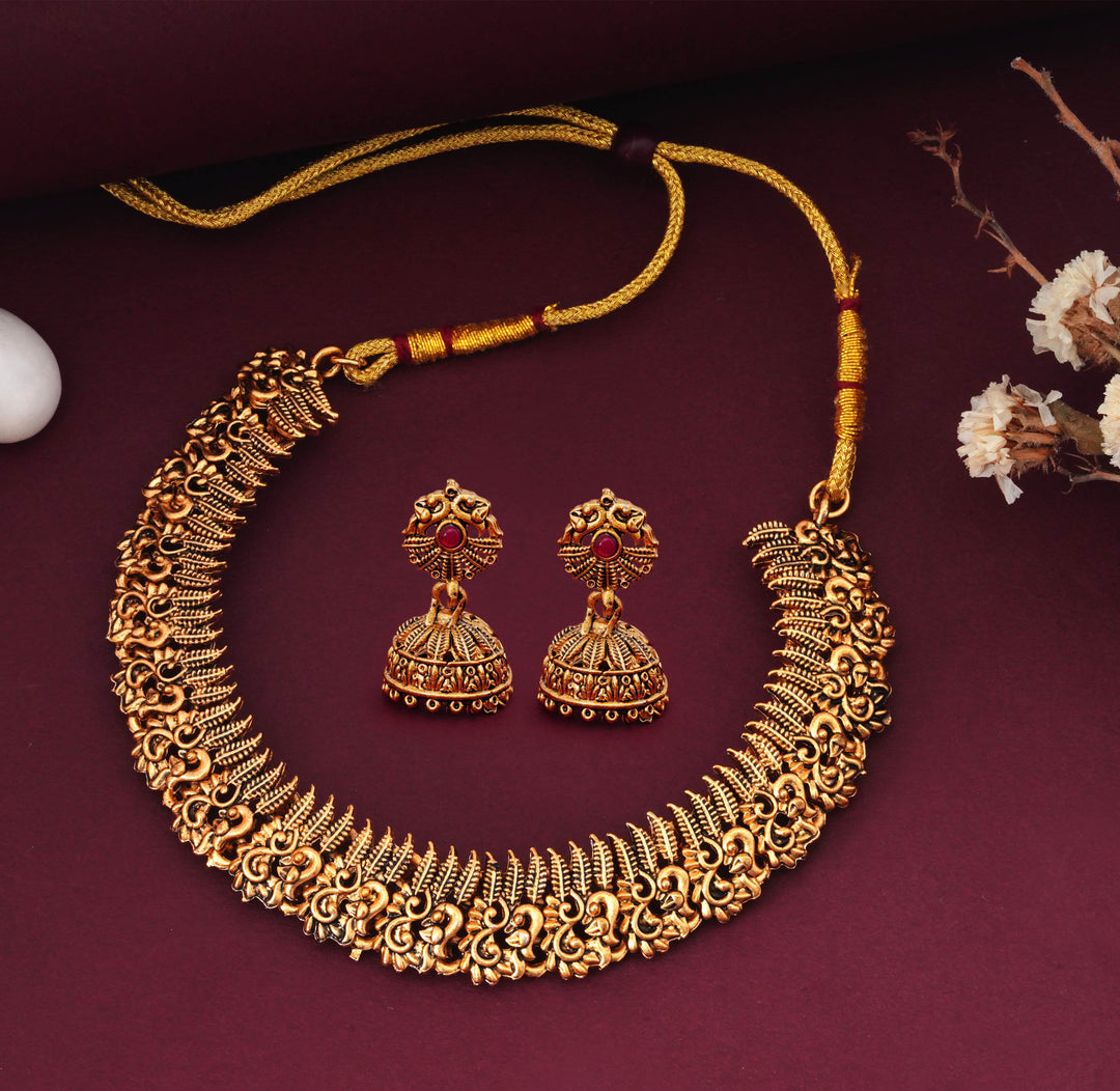Antique Gold-Toned Temple Necklace Set with Jhumka Earrings