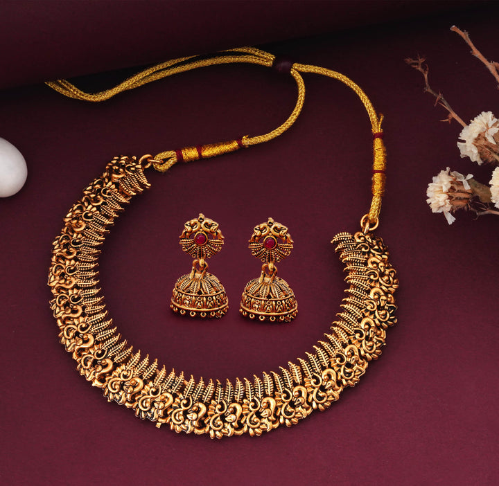 Antique Gold-Toned Temple Necklace Set with Jhumka Earrings