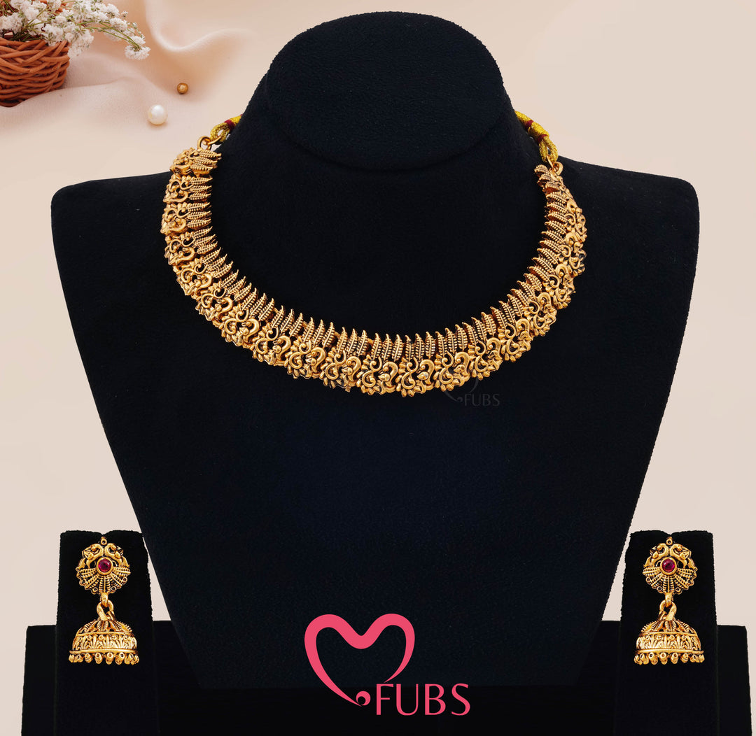 Antique Gold-Toned Temple Necklace Set with Jhumka Earrings