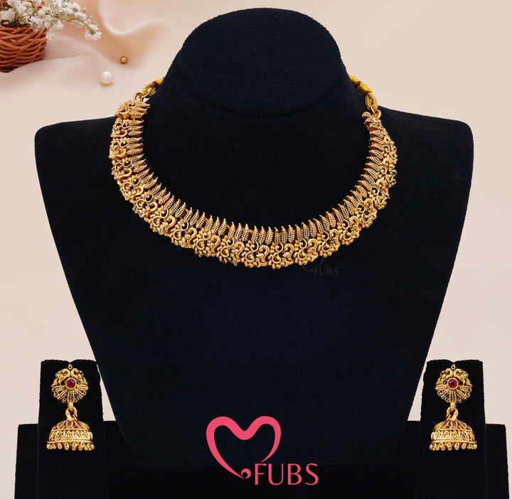 Antique Gold-Toned Temple Necklace Set with Jhumka Earrings