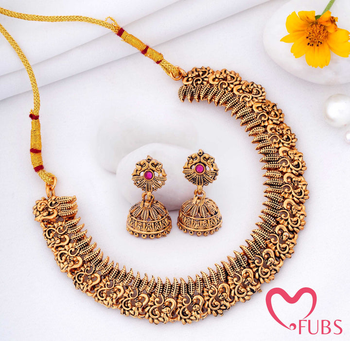 Antique Gold-Toned Temple Necklace Set with Jhumka Earrings