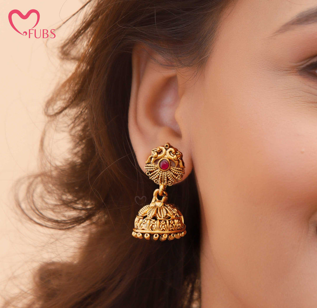 Antique Gold-Toned Temple Necklace Set with Jhumka Earrings