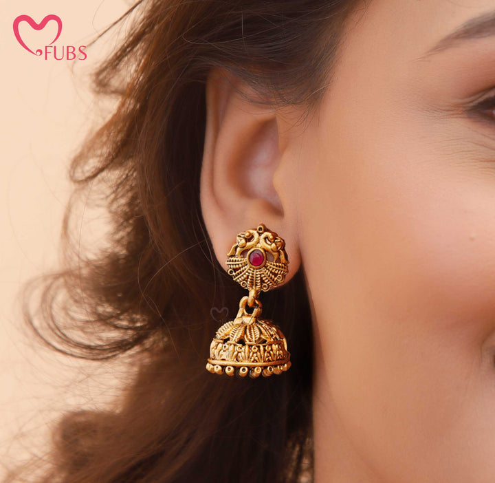 Antique Gold-Toned Temple Necklace Set with Jhumka Earrings
