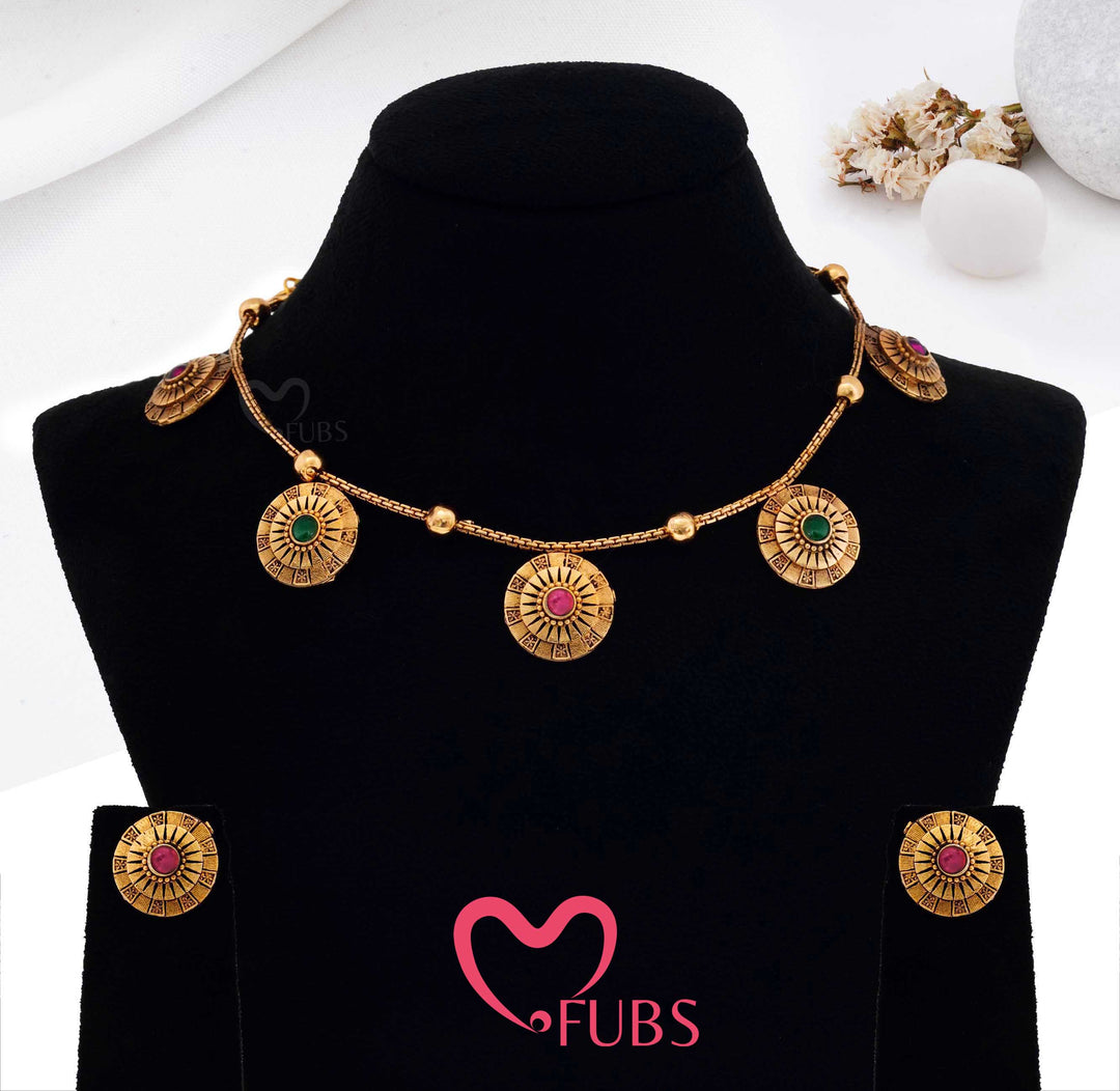 Antique Coin Necklace Set with Stud Earrings