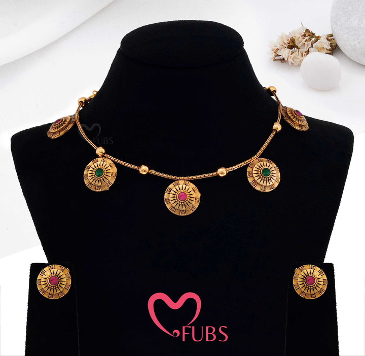 Antique Coin Necklace Set with Stud Earrings