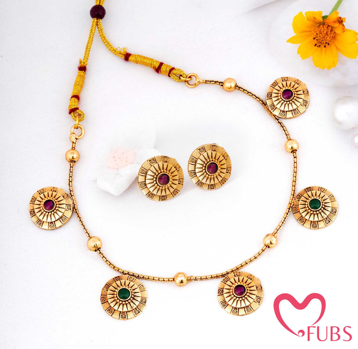 Antique Coin Necklace Set with Stud Earrings