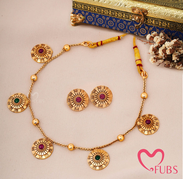 Antique Coin Necklace Set with Stud Earrings